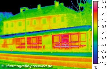 Gebudethermographie (Bahnhof Memmingen, mit einem Zug davor)