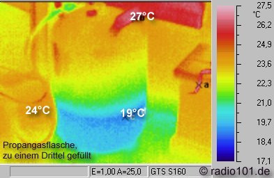 steel tank with liquid propane: evaporating propane cools the liquid, so you can see from outside how much is still inside (infrared image)