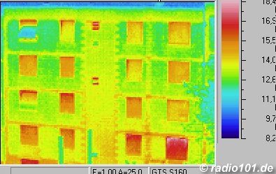 Mehrfamilienhaus: man sieht die Steigleitungen der Heizungen durch die Mauer 'schimmern'- Thermographic picture - infrared photograph: ein Eselchen (..man sieht gut die warme Schnauze und das isolierende Fell ;o)