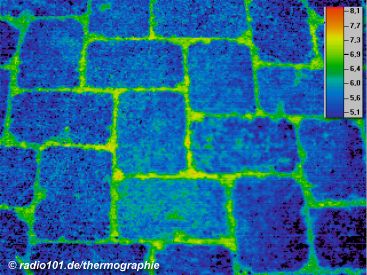 Thermographische Aufnahme / Wärmebild: Steine, dazwischen, etwas wärmer, grasbewachsene Fugen